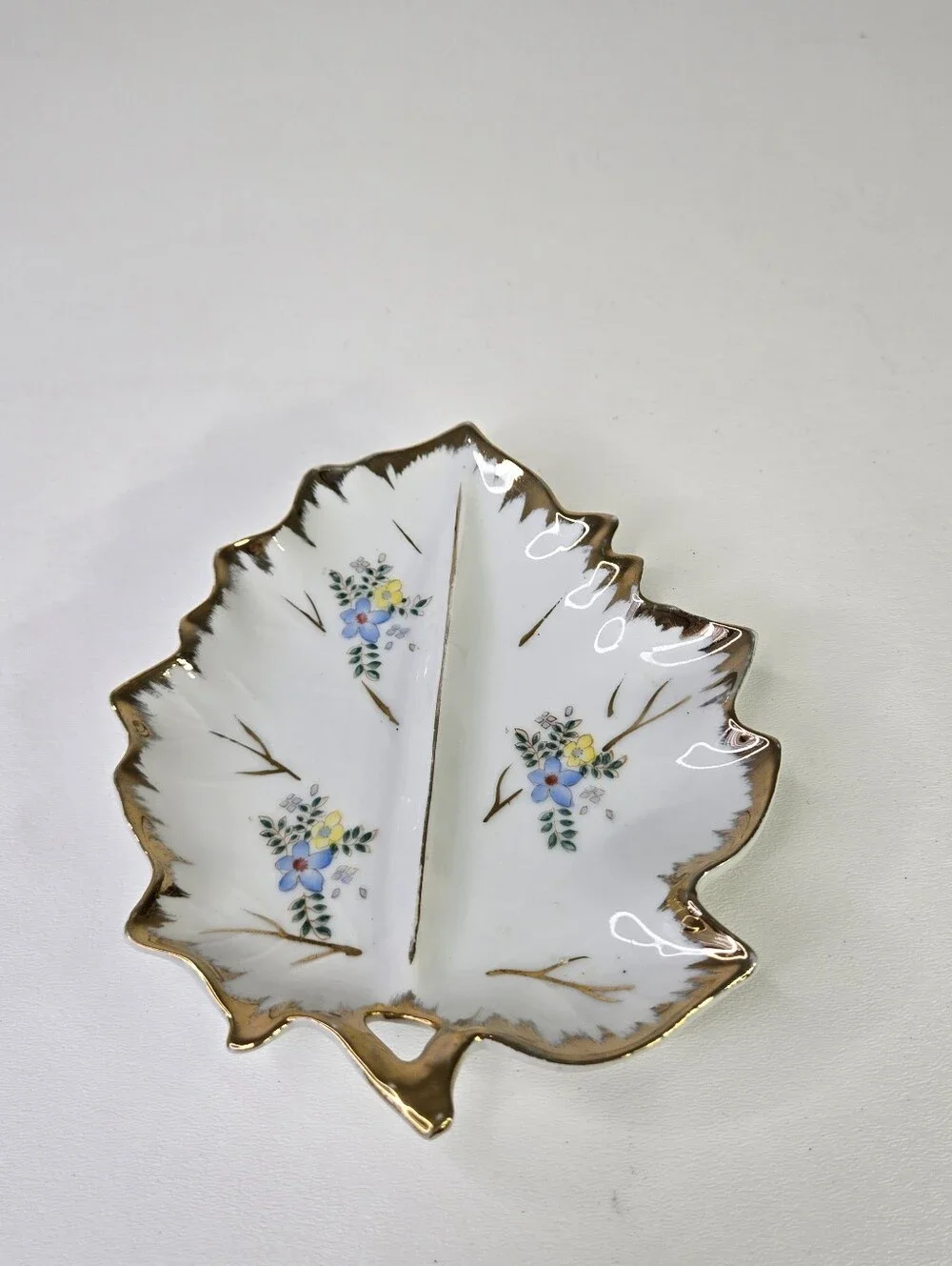 Vintage Porcelain Leaf Trinket Dish Floral Divided Candy Nut Tray Gold Trim Gilt